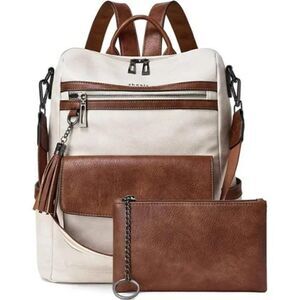 𝅺New Bookbag Purse Satchel Travel Leather Backpack 2-2-beige With Brown